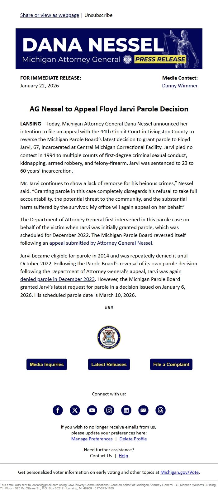 Screenshot of the email generated on import