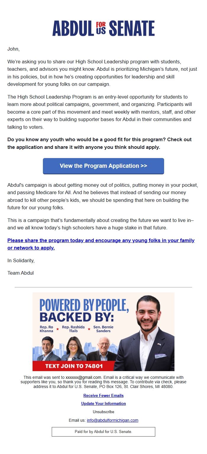 Screenshot of the email generated on import