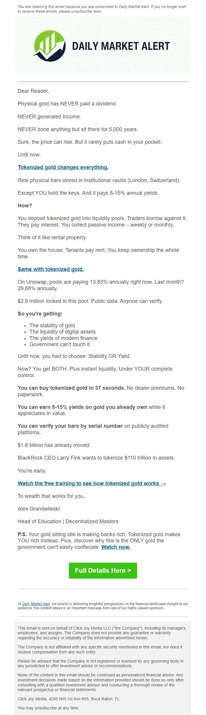 Screenshot of the email generated on import