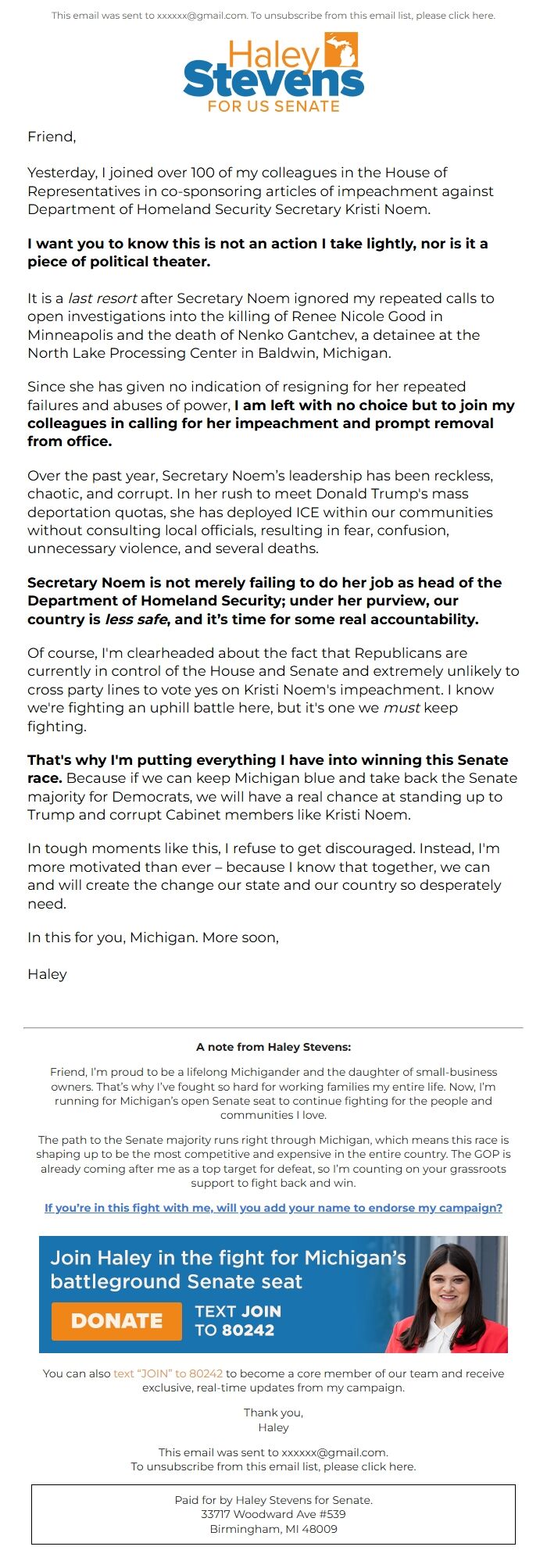 Screenshot of the email generated on import