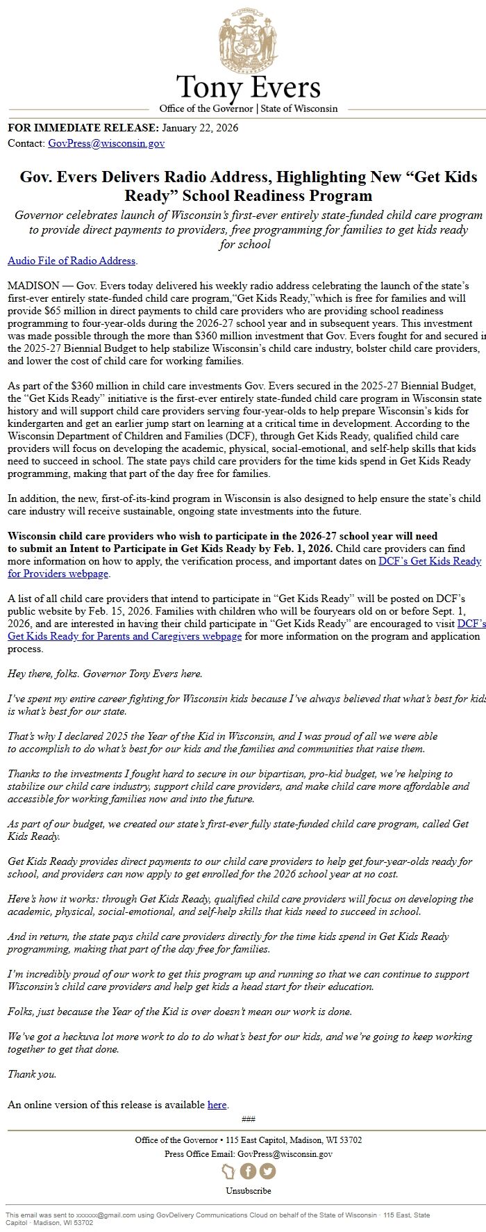 Screenshot of the email generated on import