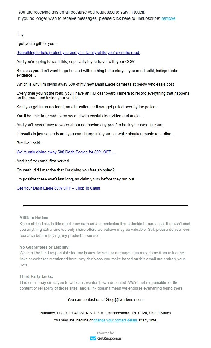 Screenshot of the email generated on import