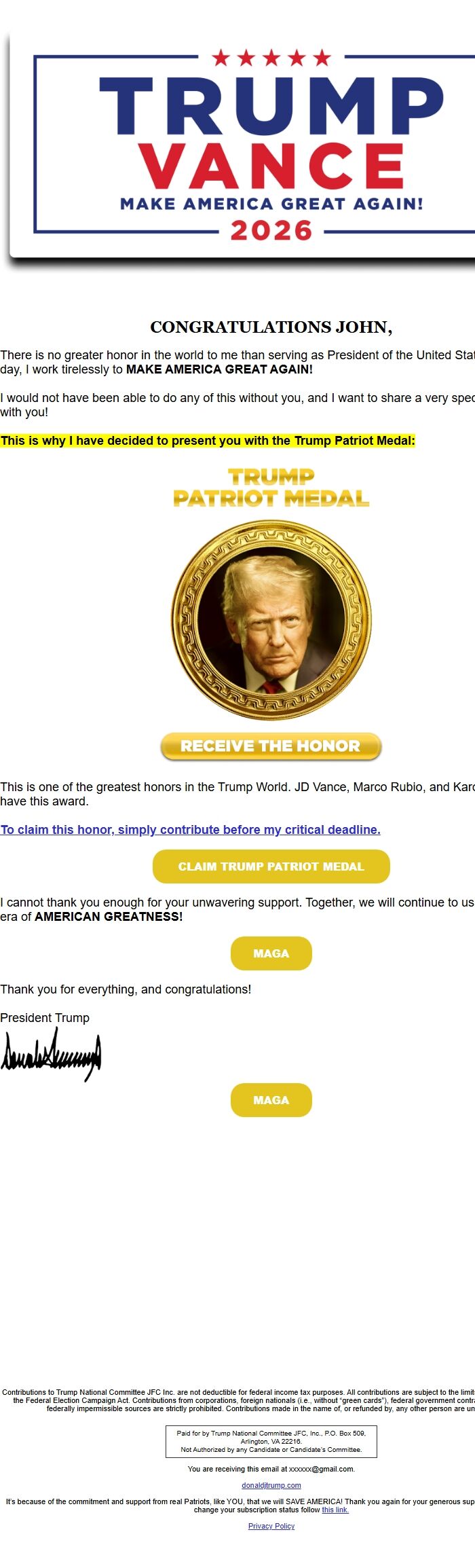 Screenshot of the email generated on import