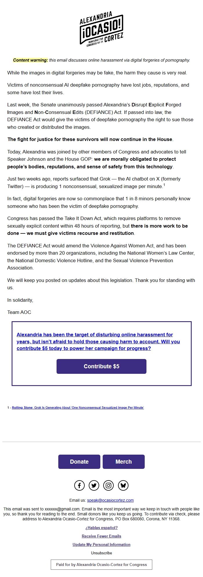 Screenshot of the email generated on import