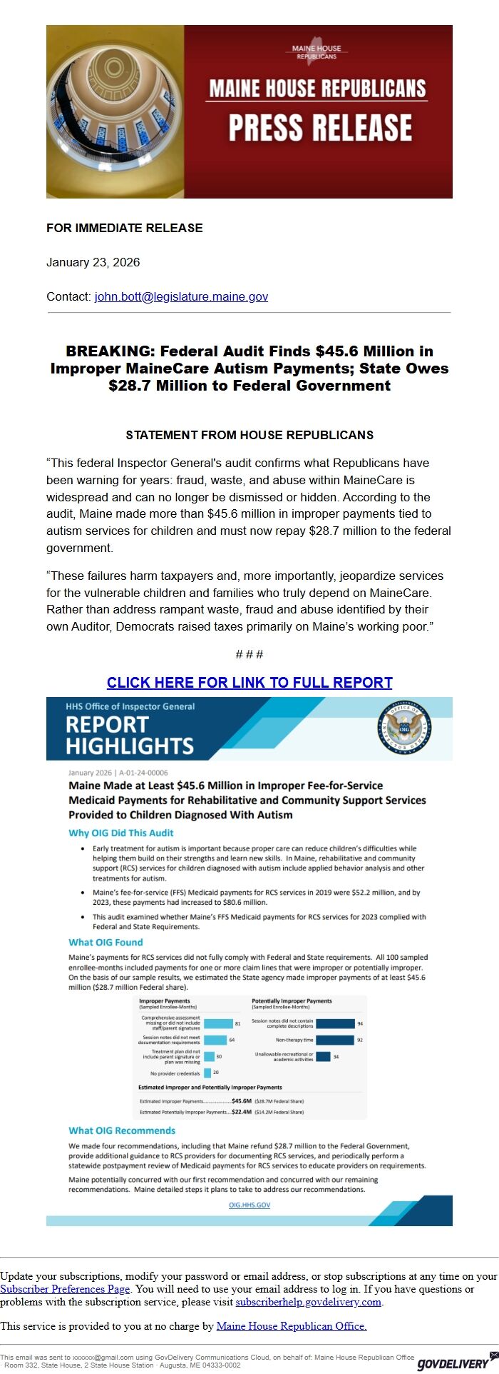 Screenshot of the email generated on import