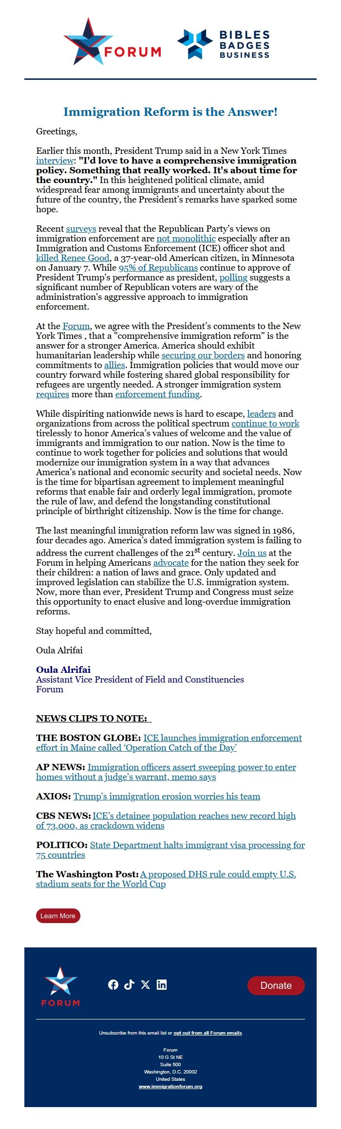 Screenshot of the email generated on import