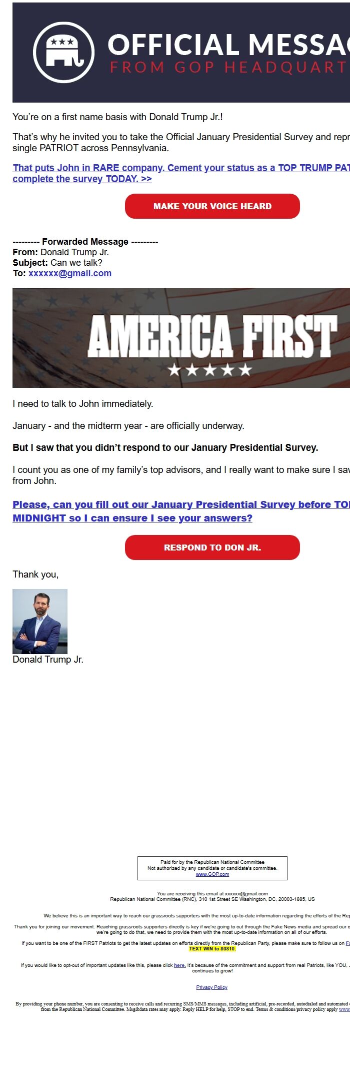 Screenshot of the email generated on import