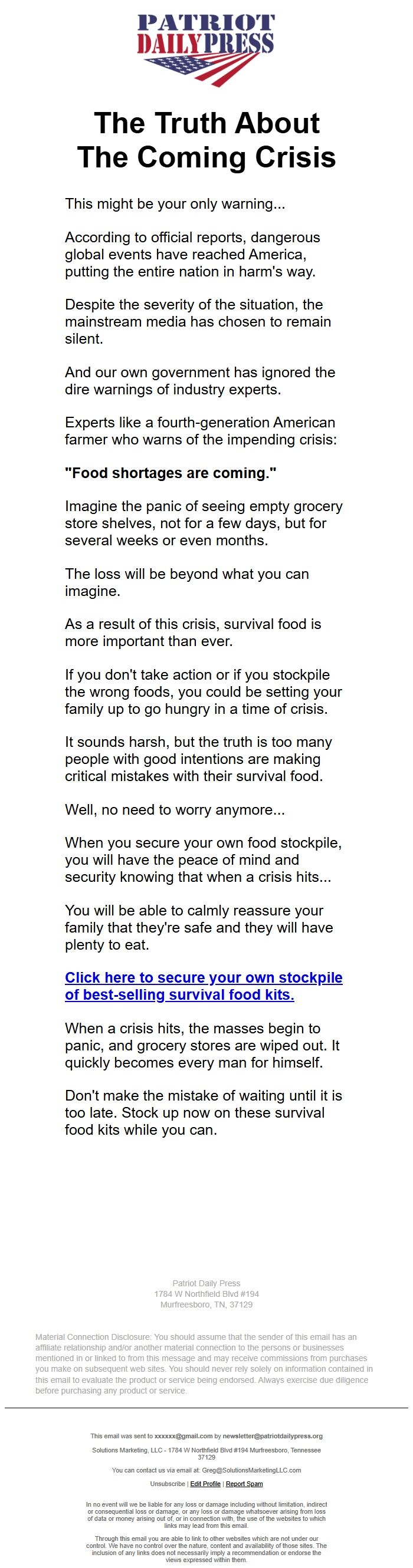 Screenshot of the email generated on import