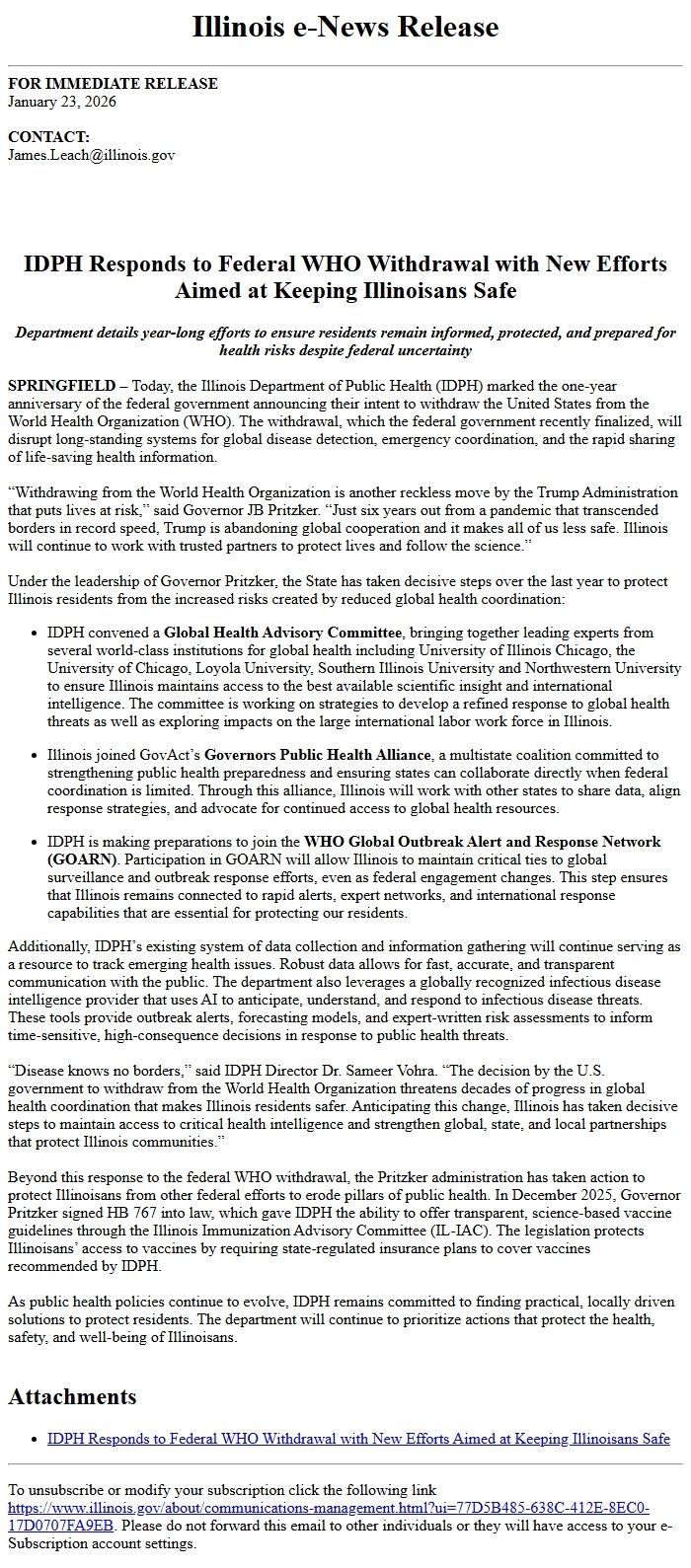 Screenshot of the email generated on import