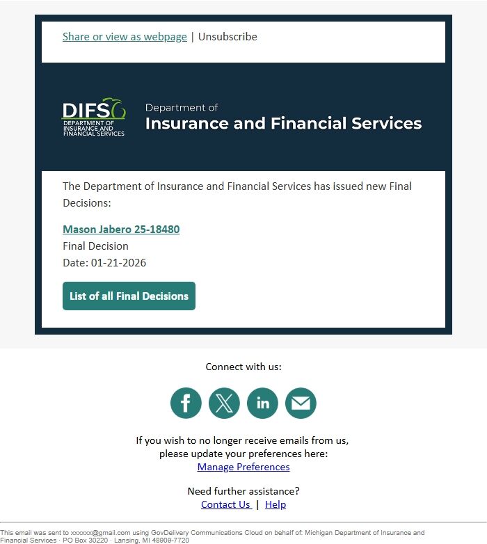 Screenshot of the email generated on import