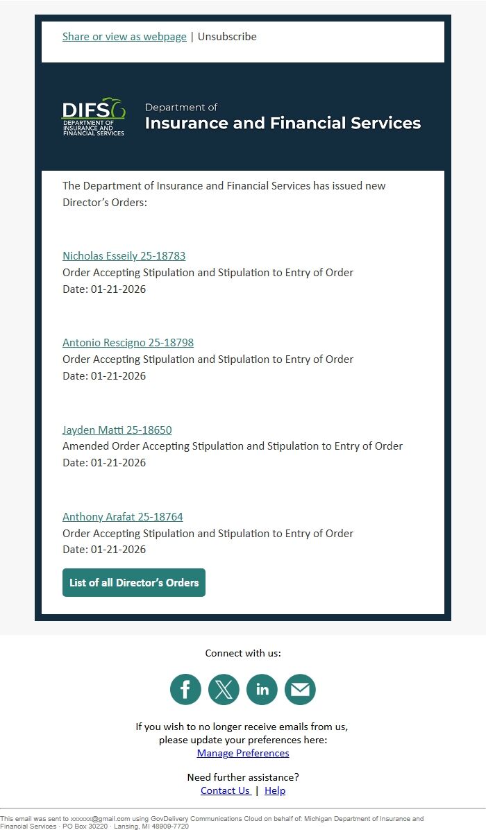 Screenshot of the email generated on import