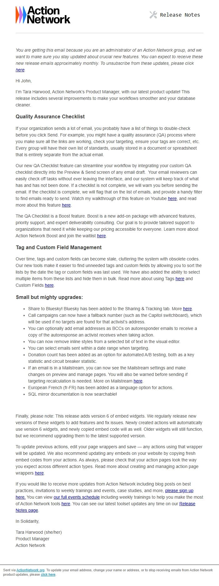 Screenshot of the email generated on import