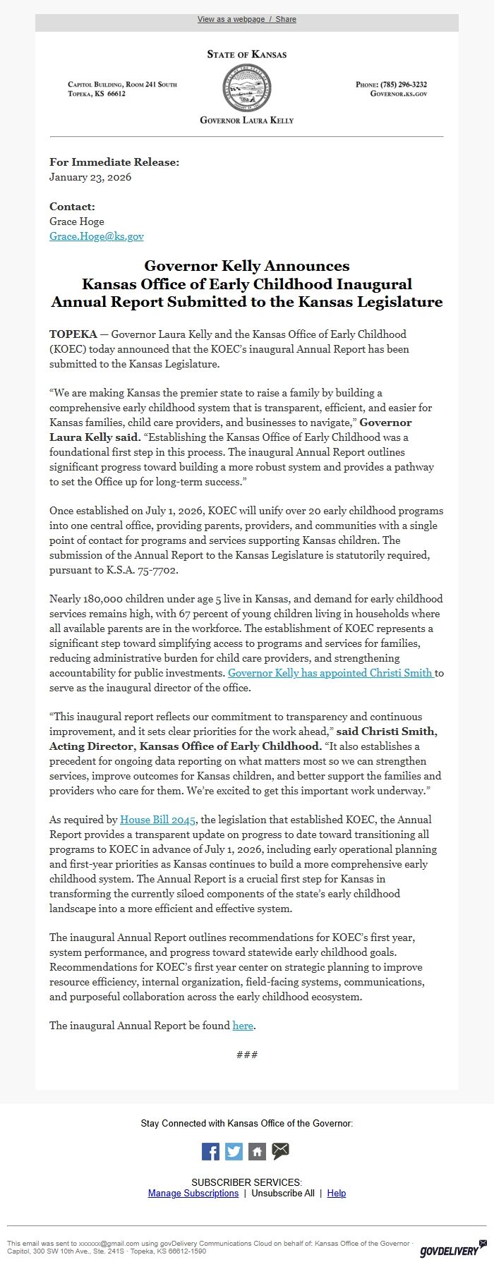 Screenshot of the email generated on import