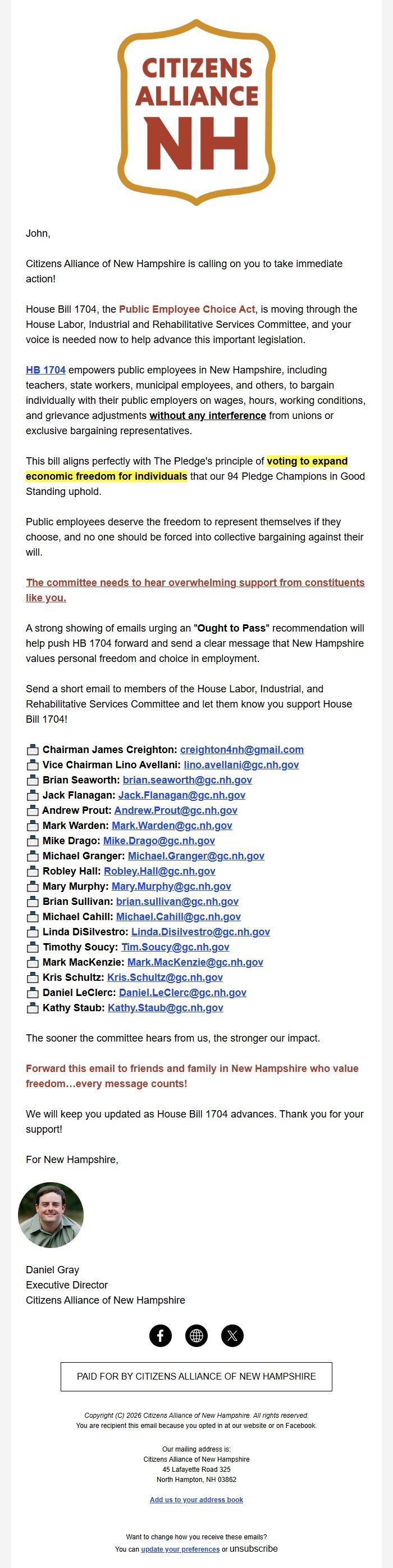 Screenshot of the email generated on import