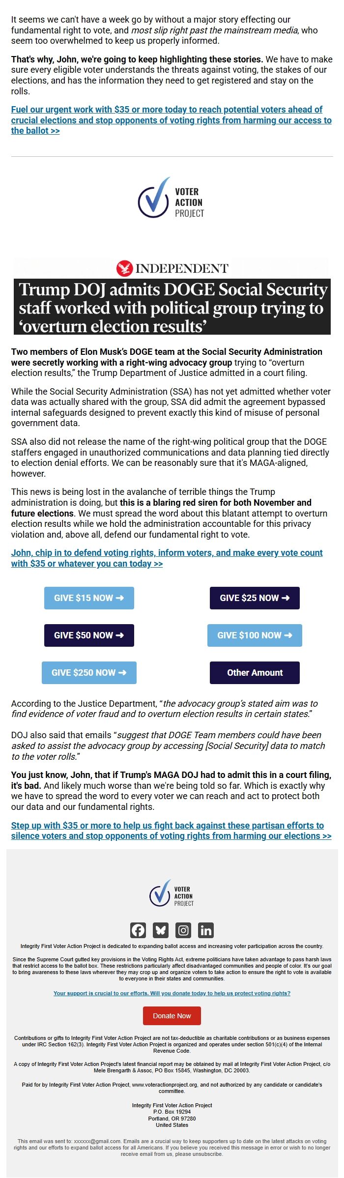 Screenshot of the email generated on import