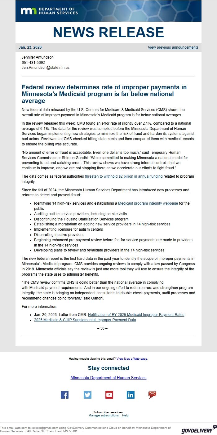 Screenshot of the email generated on import