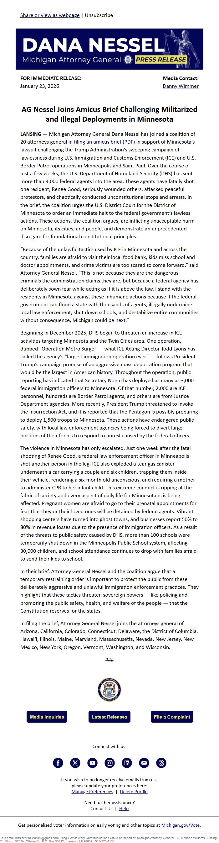 Screenshot of the email generated on import