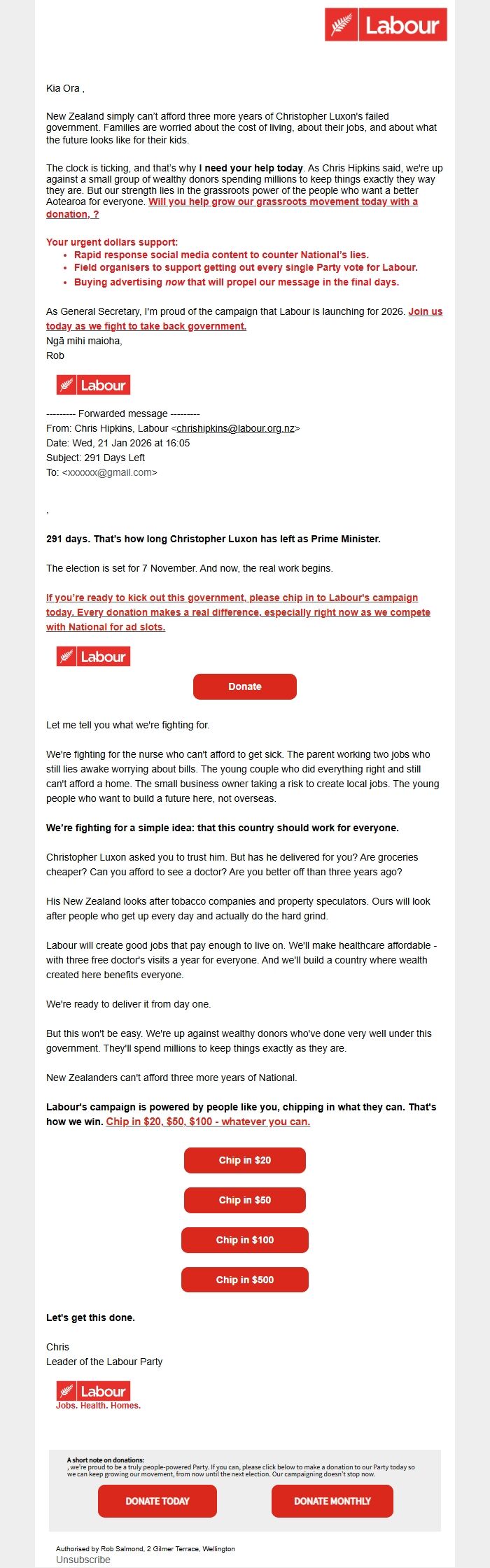 Screenshot of the email generated on import