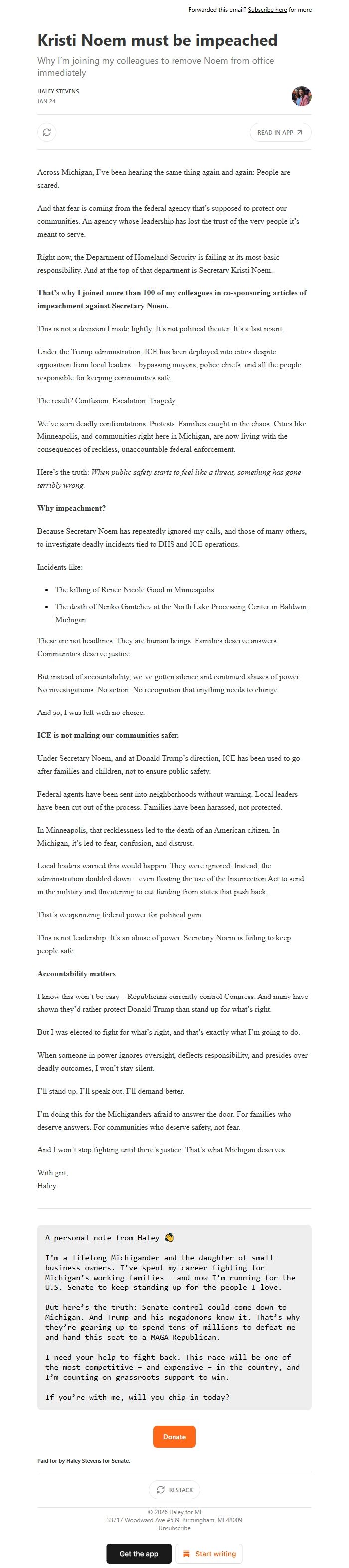 Screenshot of the email generated on import