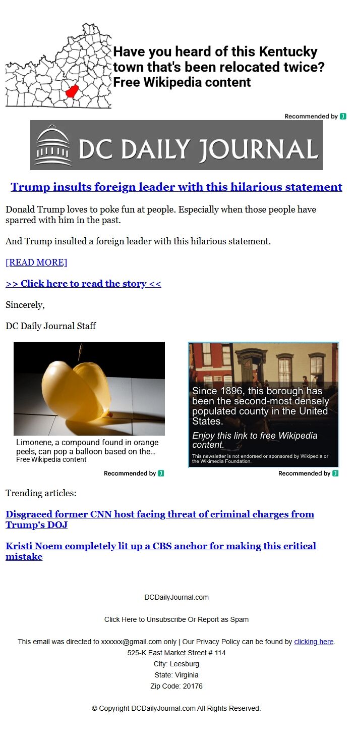 Screenshot of the email generated on import