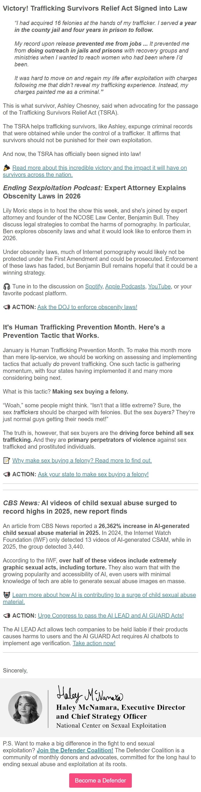 Screenshot of the email generated on import