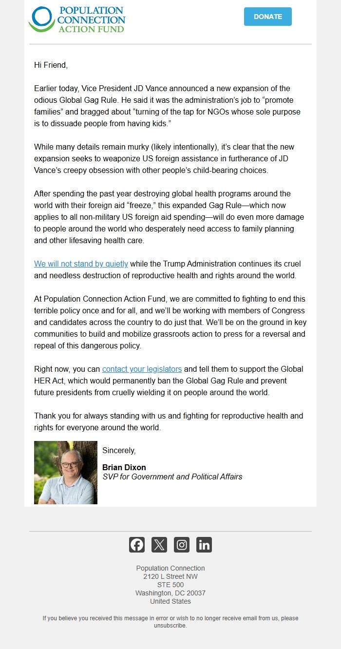 Screenshot of the email generated on import