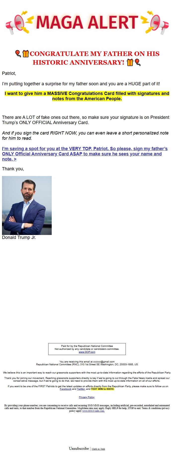 Screenshot of the email generated on import