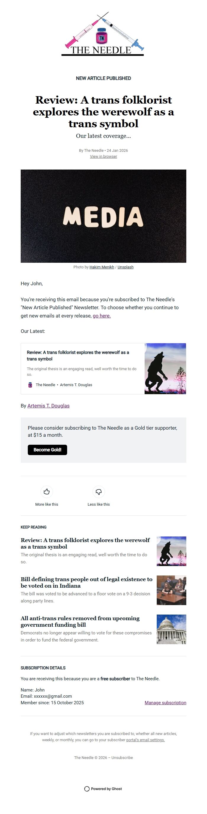 Screenshot of the email generated on import