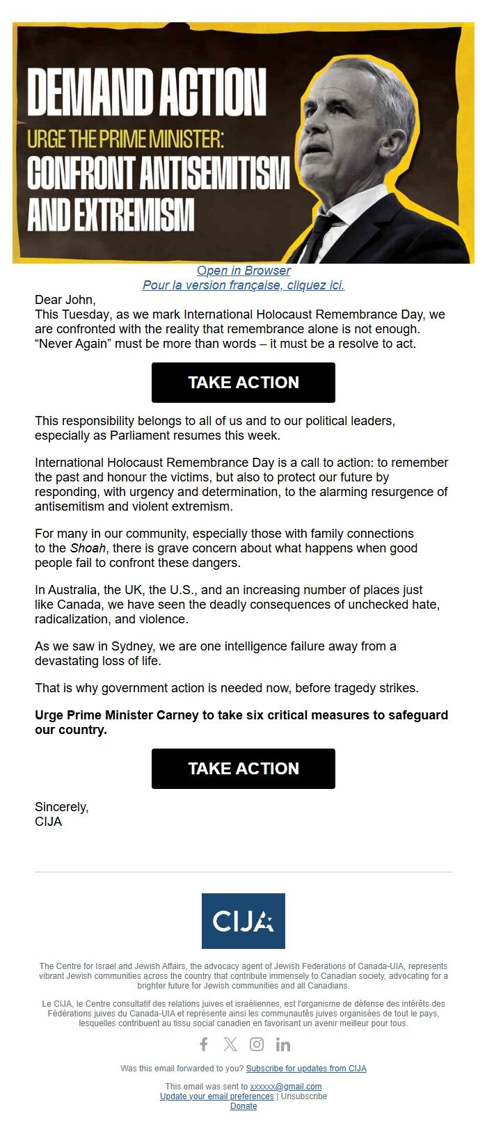 Screenshot of the email generated on import