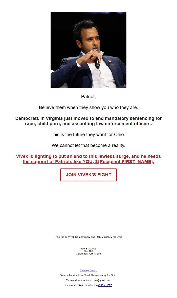 Screenshot of the email generated on import