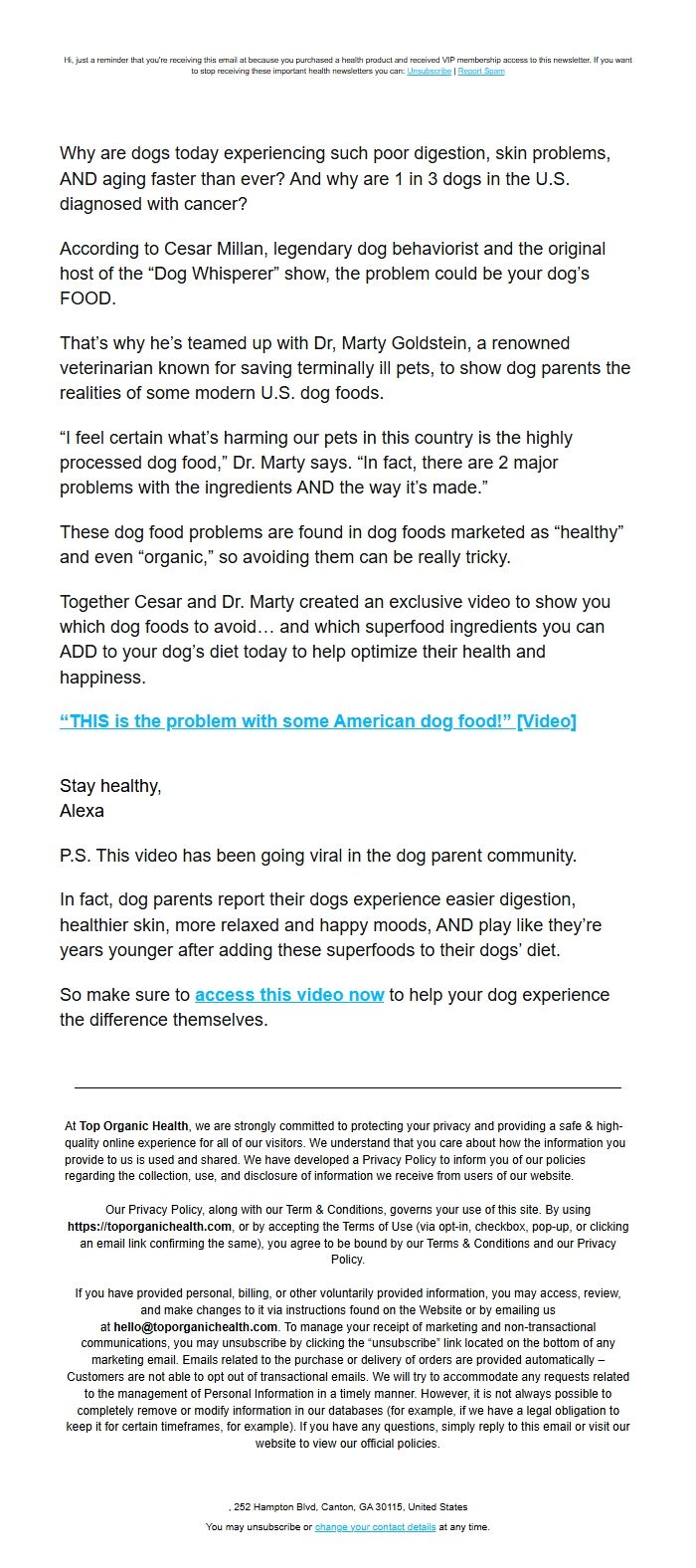 Screenshot of the email generated on import