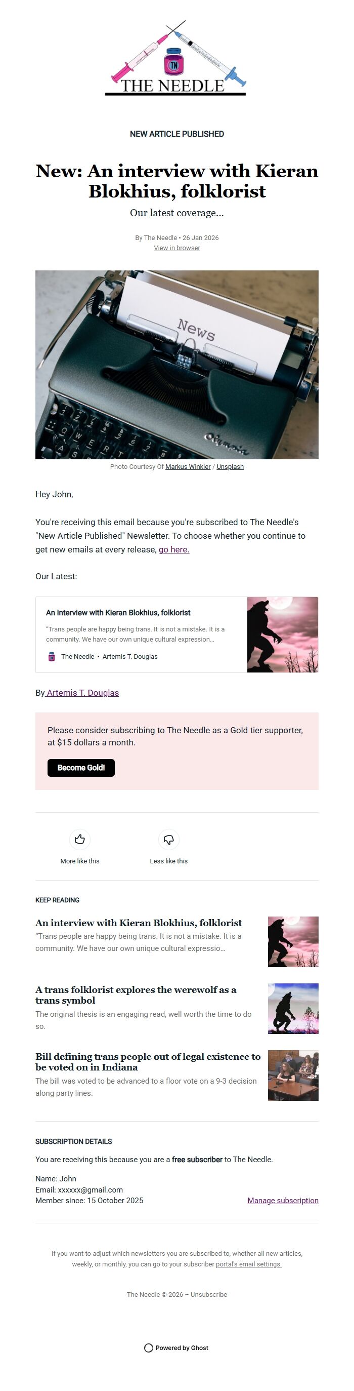 Screenshot of the email generated on import