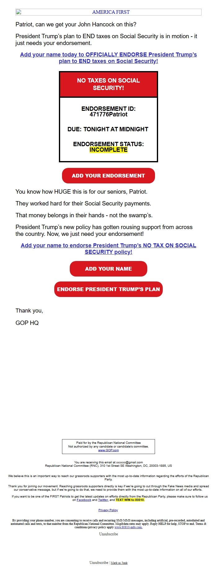 Screenshot of the email generated on import