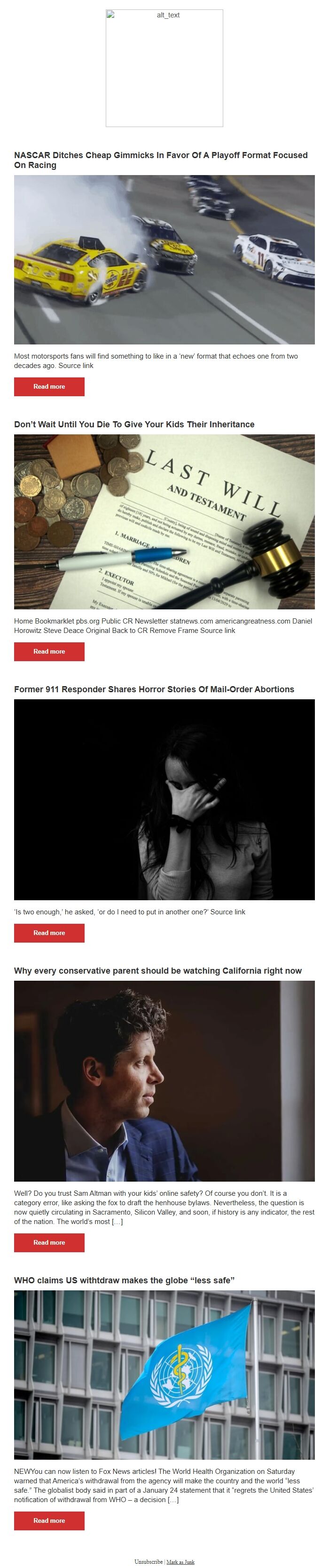 Screenshot of the email generated on import