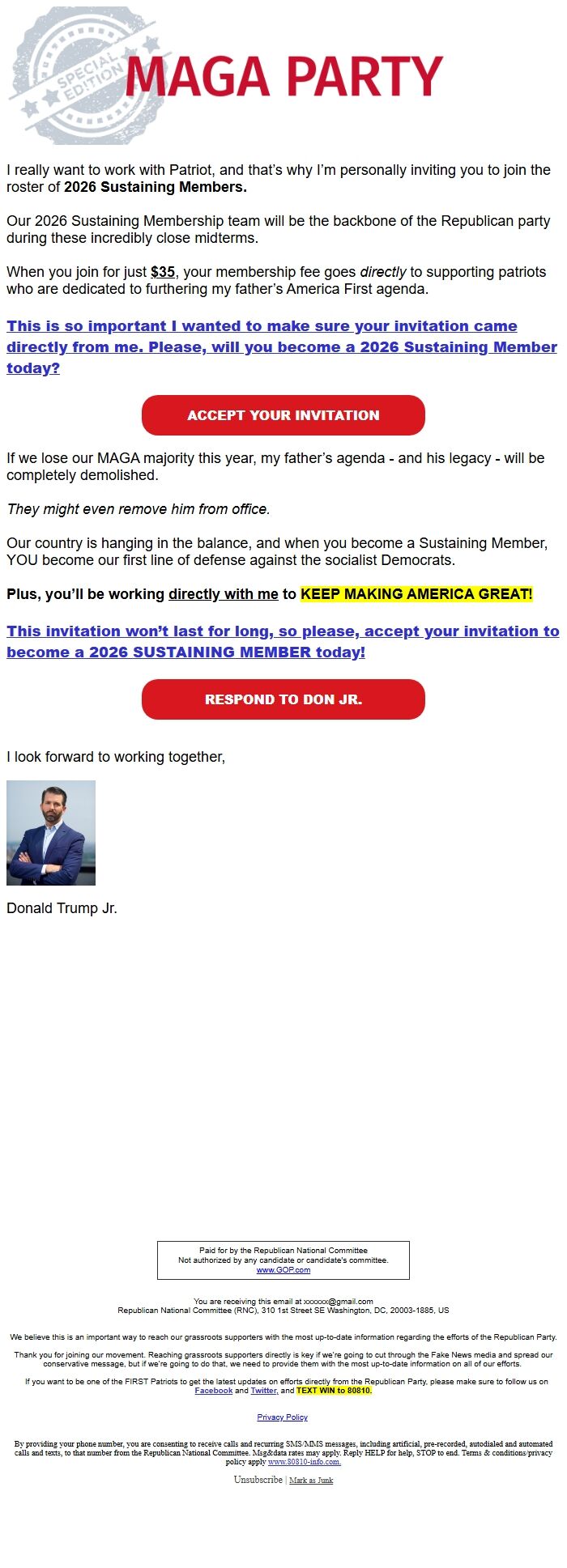 Screenshot of the email generated on import