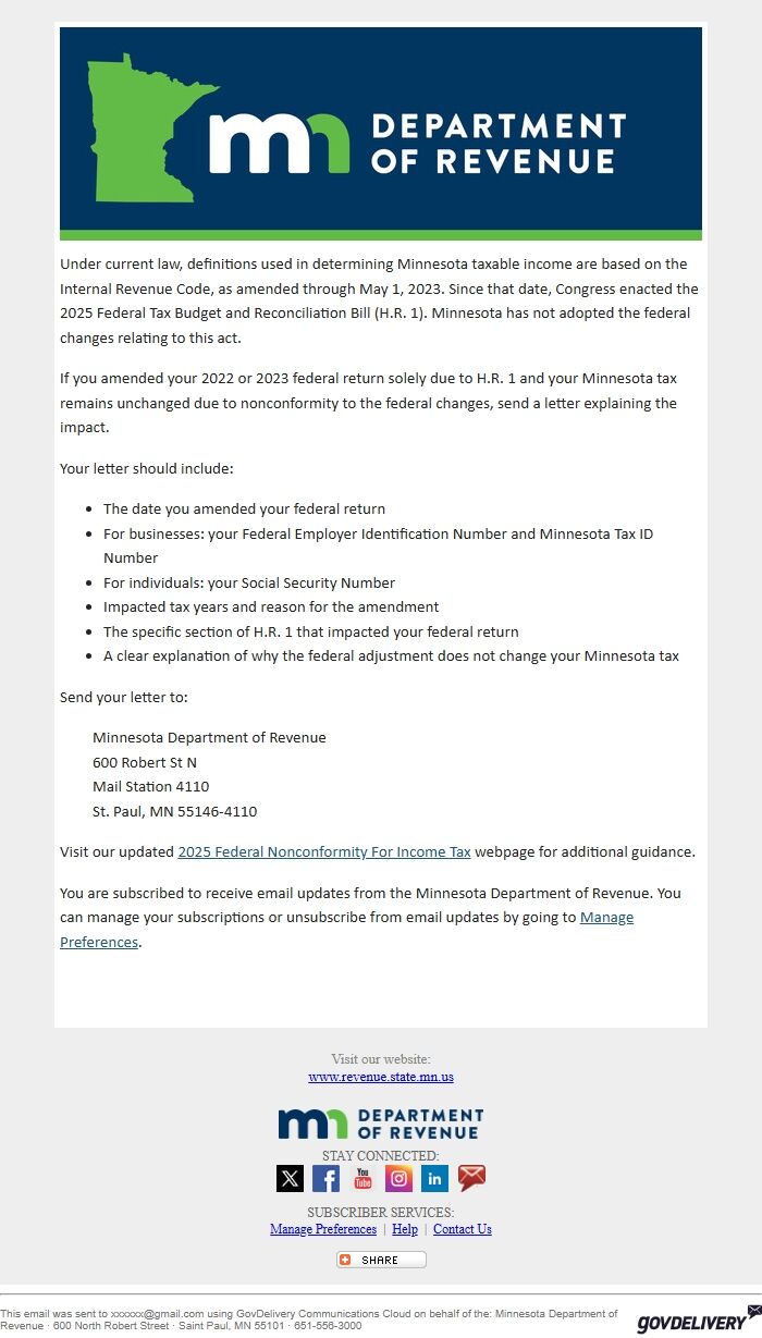 Screenshot of the email generated on import