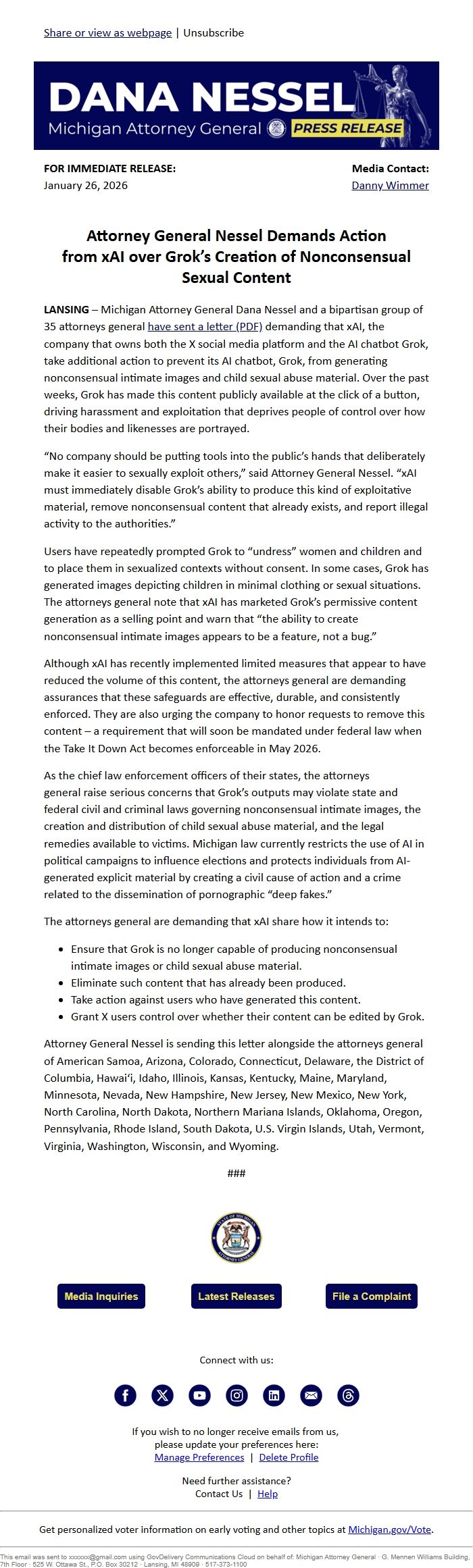 Screenshot of the email generated on import