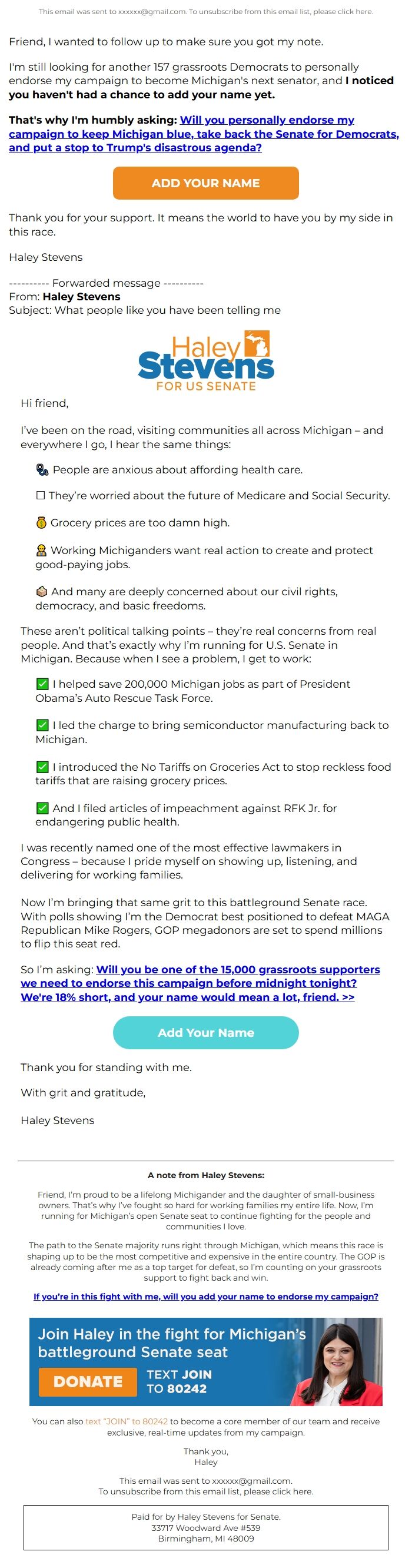 Screenshot of the email generated on import