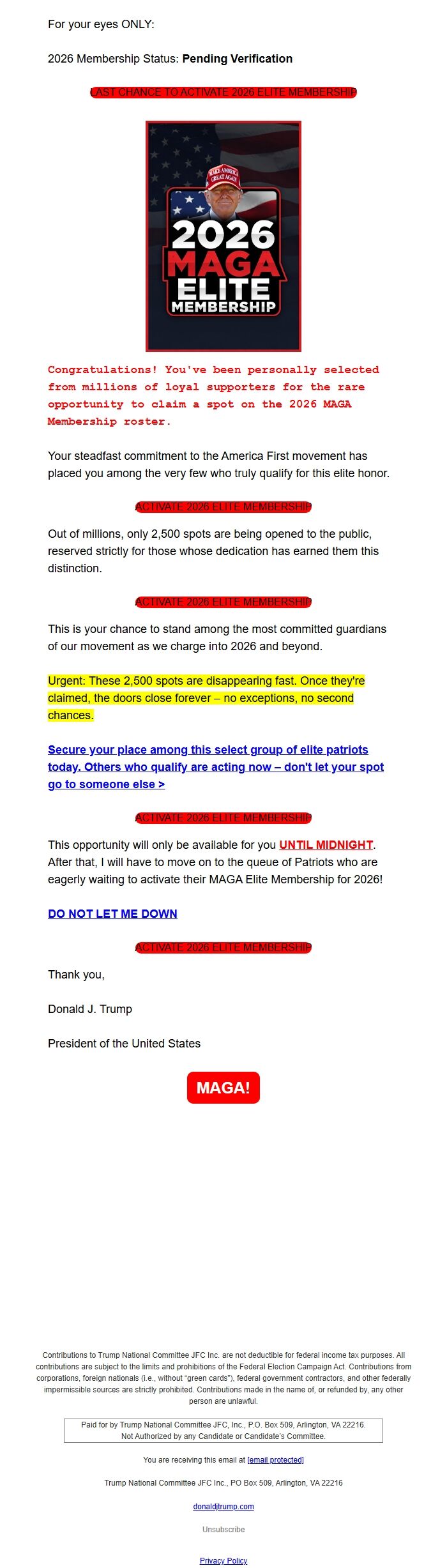 Screenshot of the email generated on import