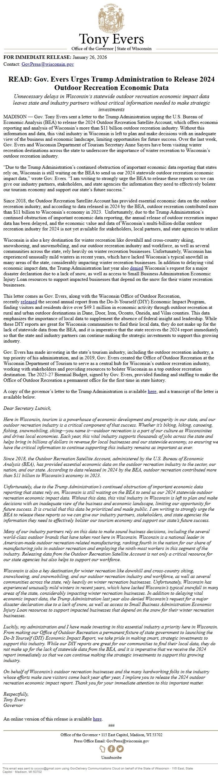 Screenshot of the email generated on import