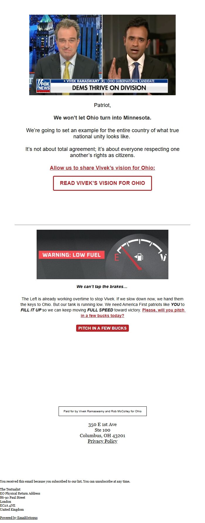 Screenshot of the email generated on import