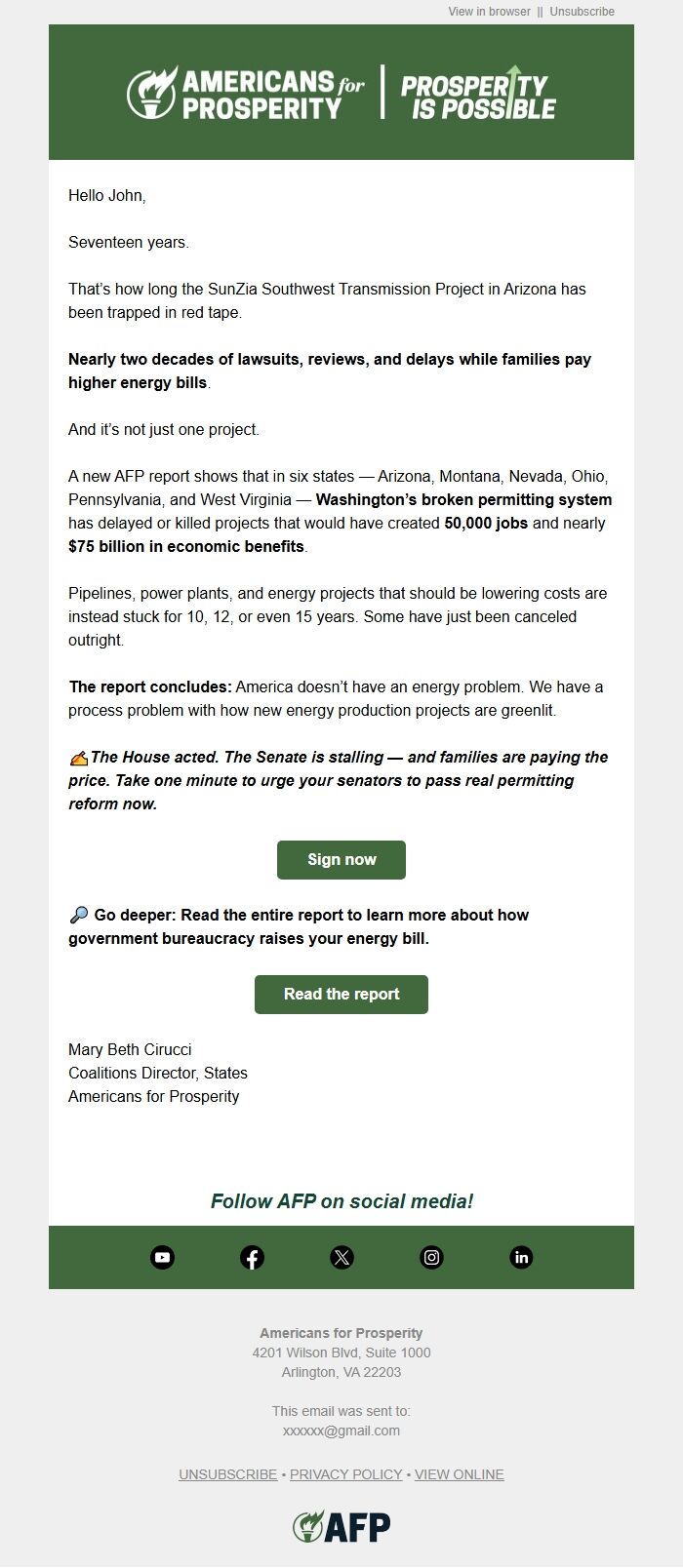 Screenshot of the email generated on import