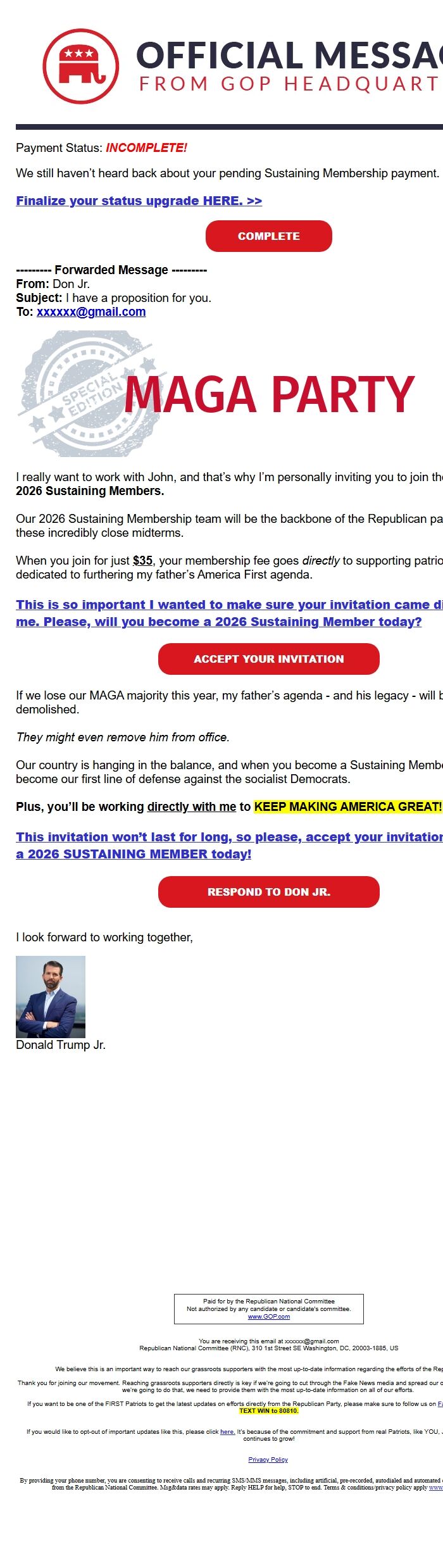 Screenshot of the email generated on import