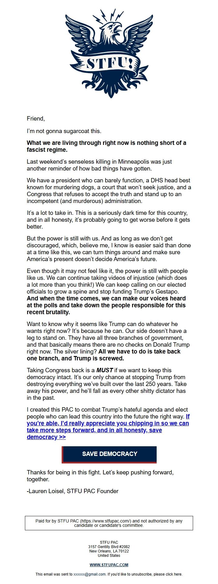 Screenshot of the email generated on import