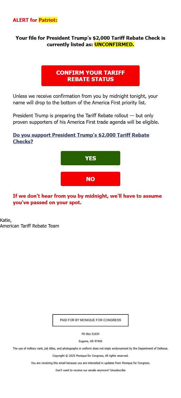 Screenshot of the email generated on import