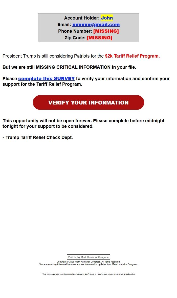 Screenshot of the email generated on import