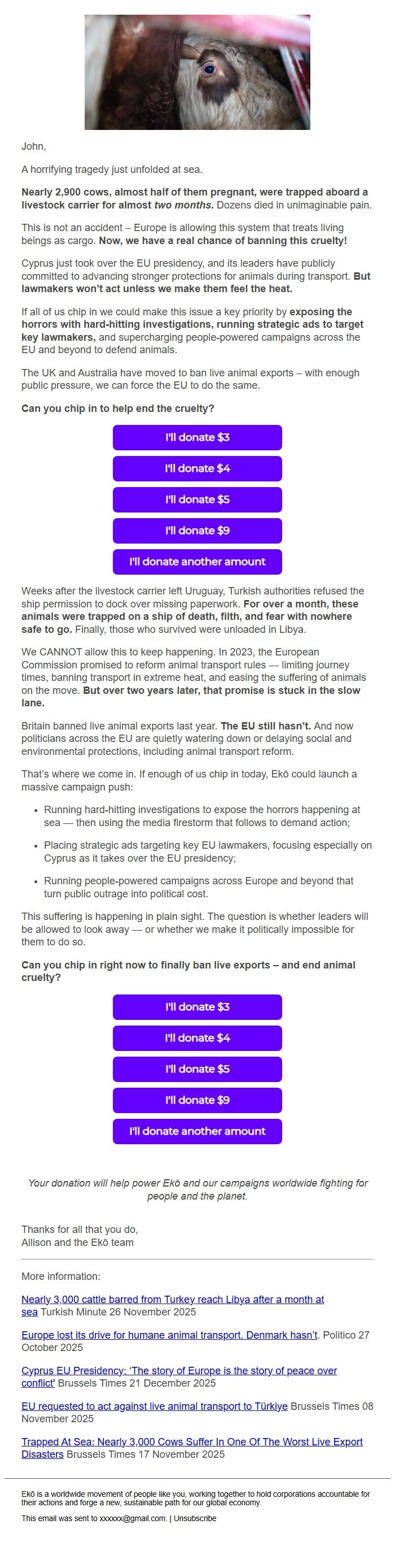 Screenshot of the email generated on import