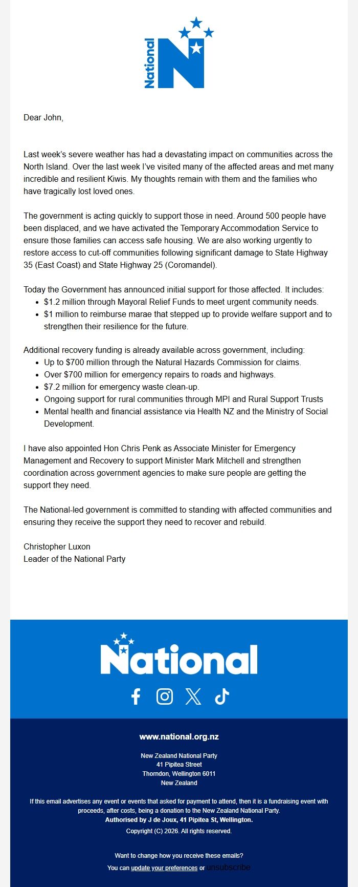 Screenshot of the email generated on import