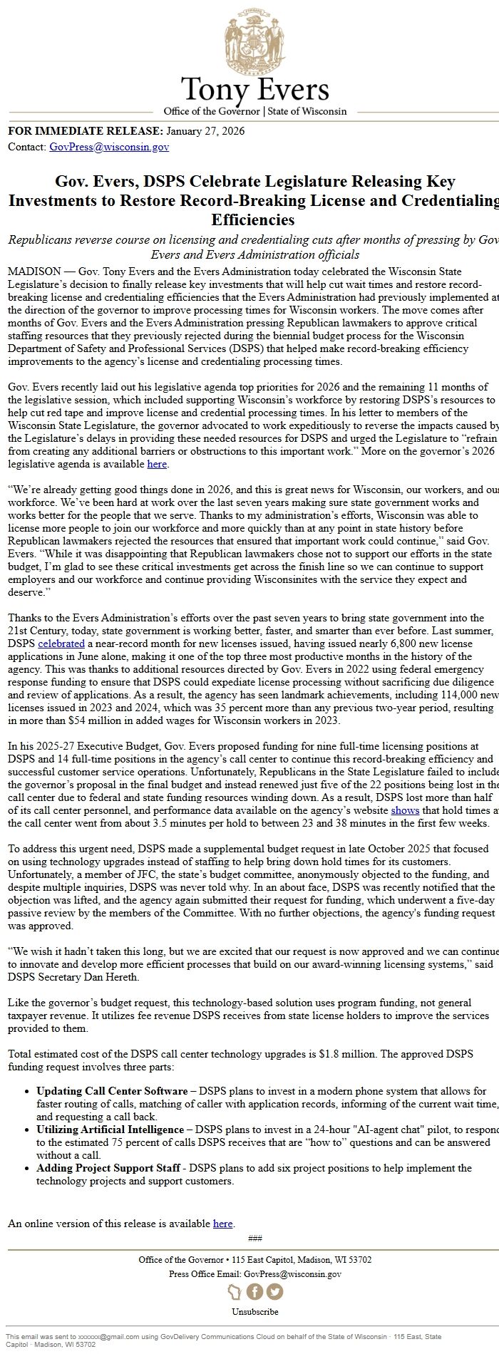 Screenshot of the email generated on import