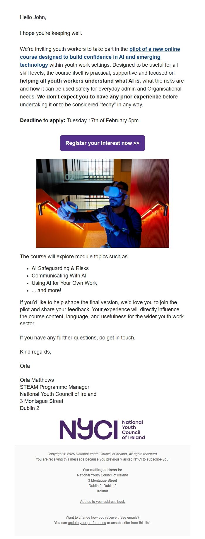 Screenshot of the email generated on import